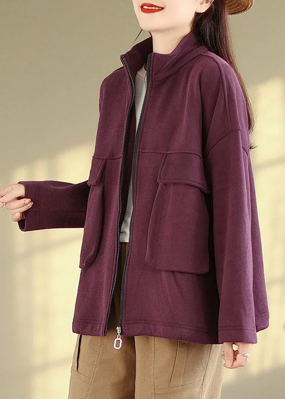 Women's Coats with ZipperNatural Purple Zip Up Pockets Patchwork Warm Fleece Jackets Fall