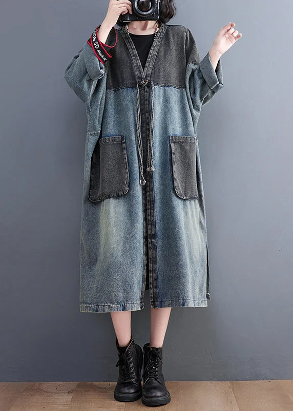 Women's Anorak CoatsNatural V Neck Patchwork Pockets Denim Maxi Trench Coat Fall