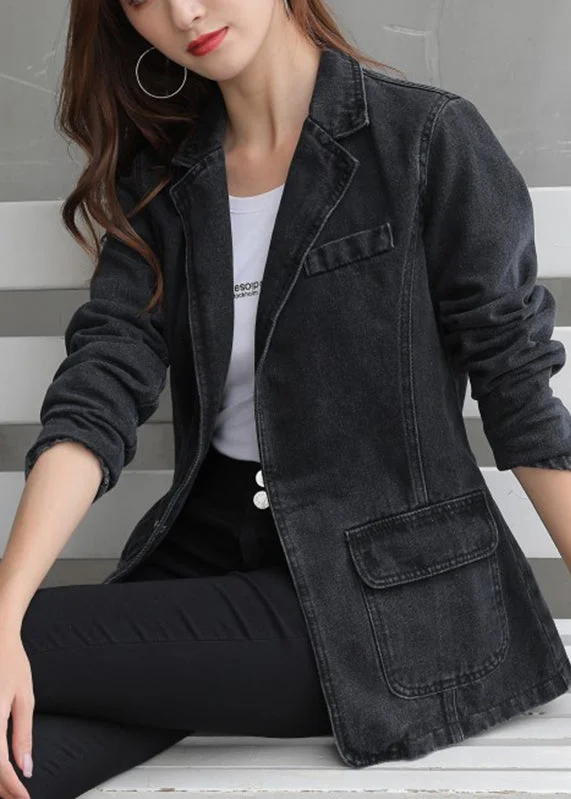 Women's Wool CoatsModern Black Notched Pockets Patchwork Denim Coats Long Sleeve