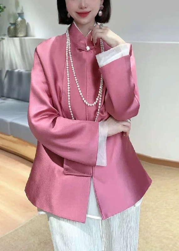 Women's Coats with Fur Trimmed HoodNew Pink Stand Collar Button Patchwork Silk Coats Spring