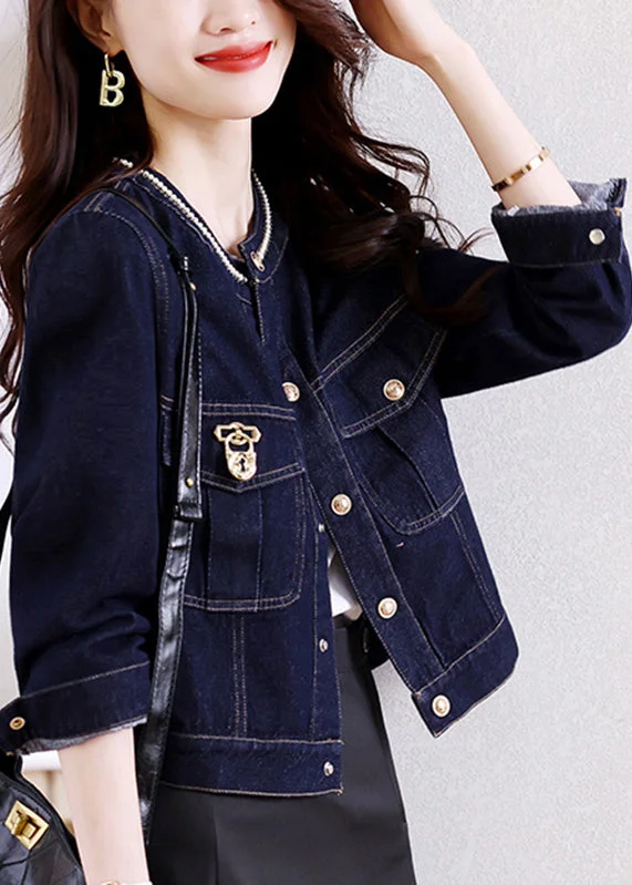 Women's Quilted CoatsNovelty Dark Blue Patchwork Button Denim Coats Fall