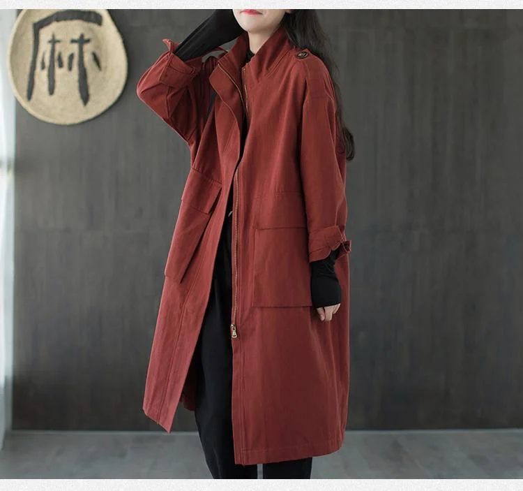 Women's Trench CoatsNew Loose Leisure 2 Color Zipper Pockets Long Sleeve Windbreaker Women Coat