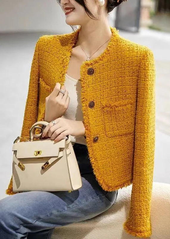 Women's Down CoatsNew Yellow O Neck Button Pockets Cotton Coats Fall