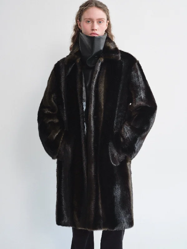 lightweight sports hatsLeather-Trimmed Faux Fur Coat, Dark Mahogany