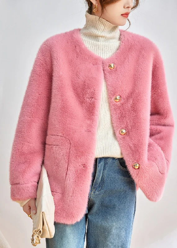 Women's Coats with Fur Trimmed SleevesModern Pink O-Neck Pockets Button Faux Fur Jackets Winter