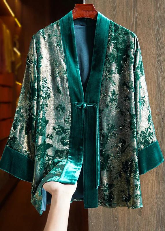 Women's Coats with Fur Trimmed CollarLoose Green V Neck Jacquard Patchwork Silk Velour Coats Fall