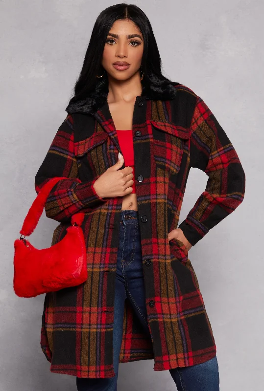 Women's Denim CoatsSpoon Jeans Faux Fur Collar Plaid Shacket