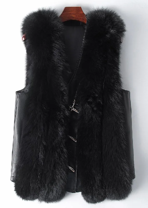 Women's Coats with Fur Trimmed ButtonsNew Black Button Patchwork Leather And Fur Waistcoat Sleeveless