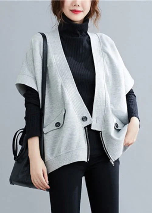 Women's PeacoatsLoose Grey Zippered Button Patchwork Cotton Waistcoat Fall