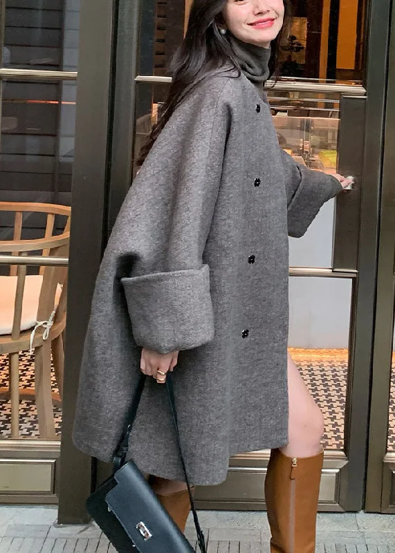 Women's Coats with SleevesNatural Grey O-Neck Button Woolen Mid Coats Fall