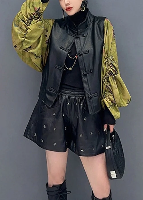 Women's Coats with Fur Trimmed SleevesNew Black Print Wrinkled Faux Leather Patchwork Coat Fall