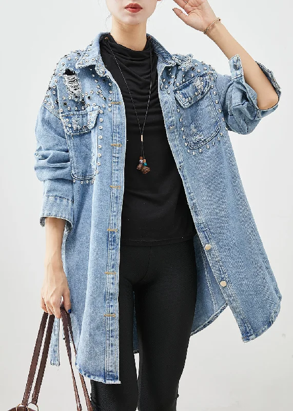 Women's Coats with Fur LiningModern Denim Blue Rivet Cotton Ripped Coats Fall