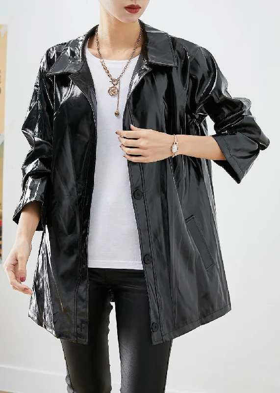 Women's Down CoatsModern Black Oversized Letter Print Faux Leather Coats Fall