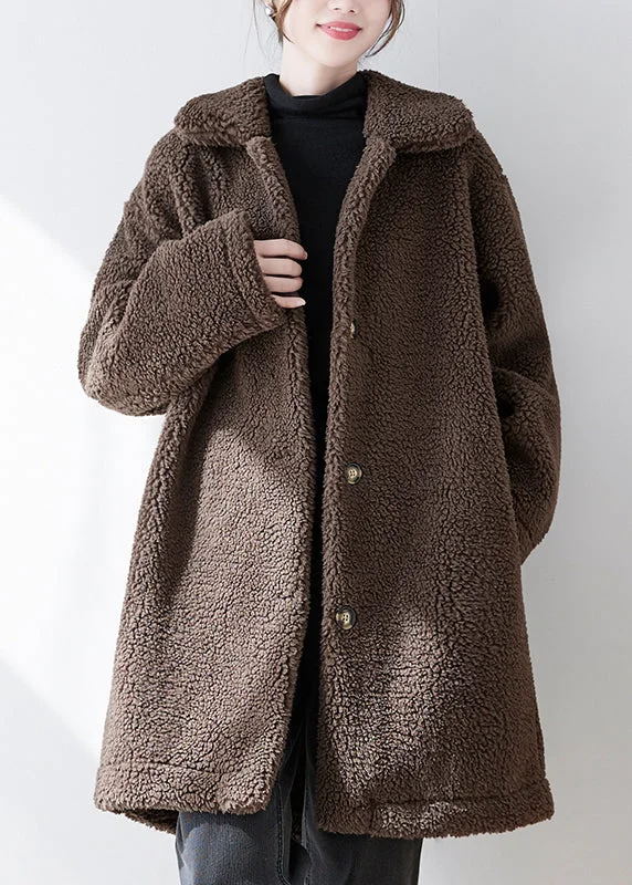 Women's Parka CoatsLoose Coffee Peter Pan Collar Pockets Button Faux Fur Coat Fall