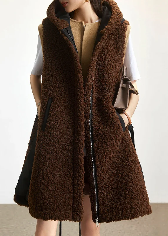 Women's Anorak CoatsLoose Coffee Hooded Zippered Patchwork Teddy Faux Fur Waistcoat Sleeveless