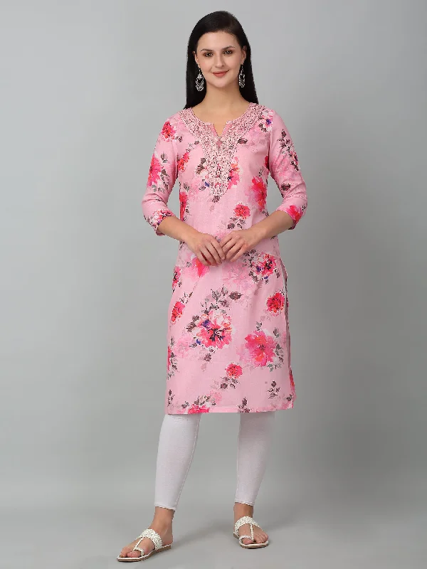 Women's Fur CoatsWomen Pink Printed V Neck Long Kurti