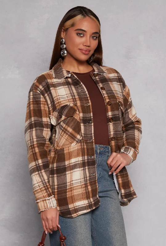 Women's Coats with CollarPlaid Sherpa Lined Button Front Shacket