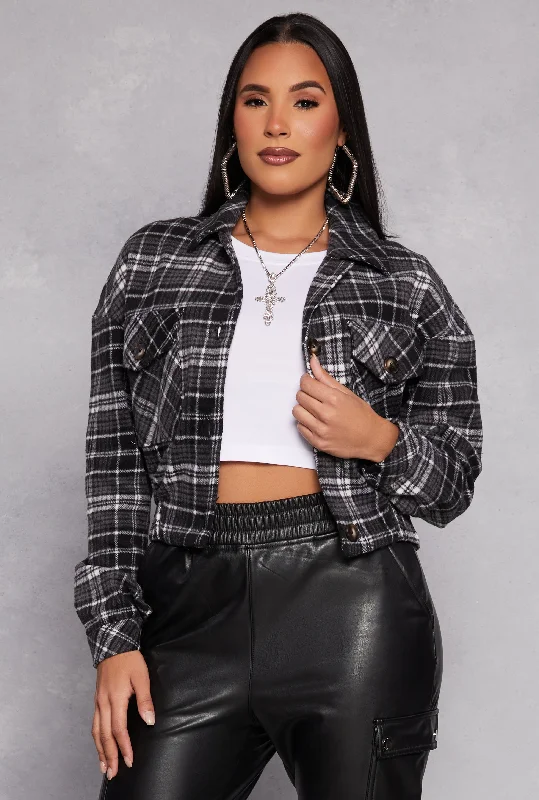 Women's Coats with Fur Trimmed BeltCropped Plaid Shacket