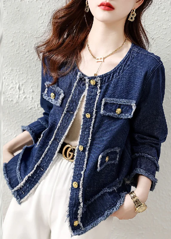 Women's Quilted CoatsNatural Denim Blue O-Neck Patchwork Button Coat Long Sleeve