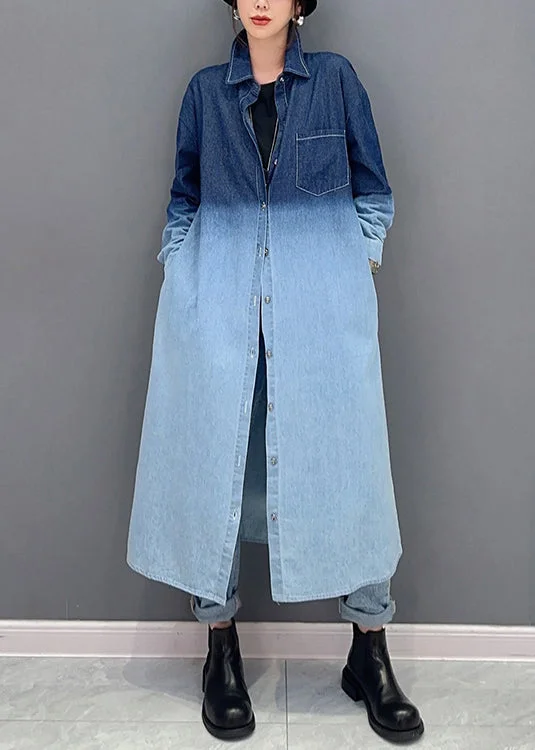 Women's Coats with Fur Trimmed PocketsLoose Gradient Color Button Pockets Denim Long Coat Fall