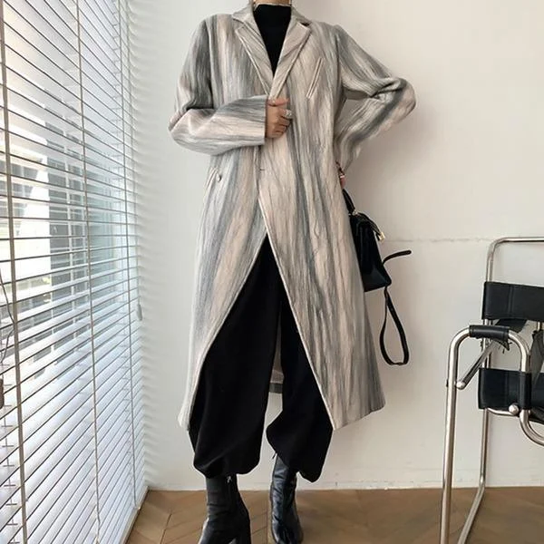 Women's Winter CoatsNew Smoke Gray Lines Print Blend Loose Casual Women Coat Winter Fashion V Neck Collar Simplicity Single Button