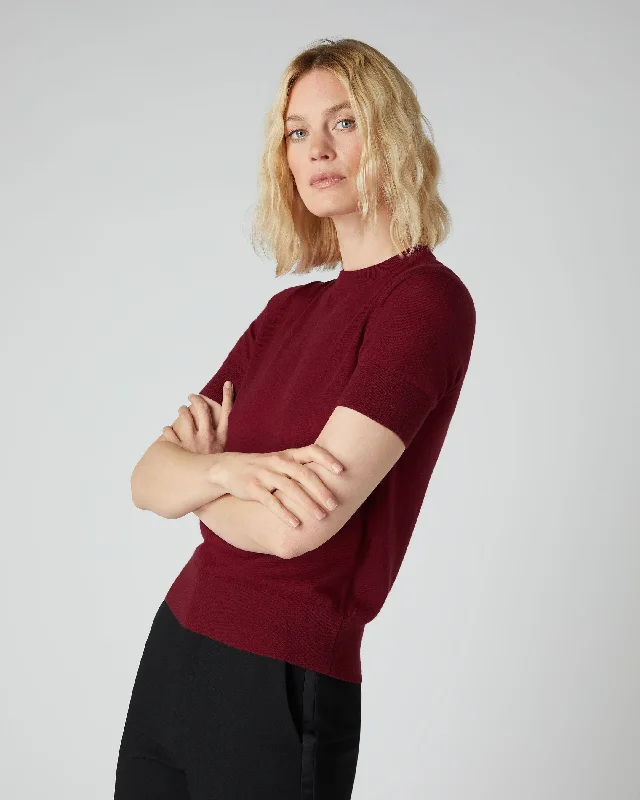 Women's Keyhole Collar SweatersWomen's Superfine Round Neck Cashmere T Shirt Red Velvet