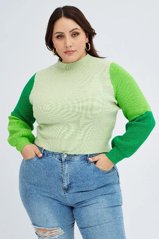 Women's Lapel Collar SweatersGreen Knit Jumper Colour Block