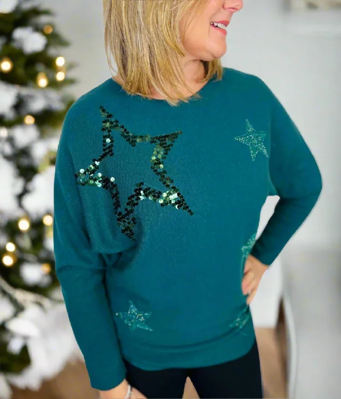 Women's Lithuanian Wool SweatersGreen Embellished Star Christmas Jumper