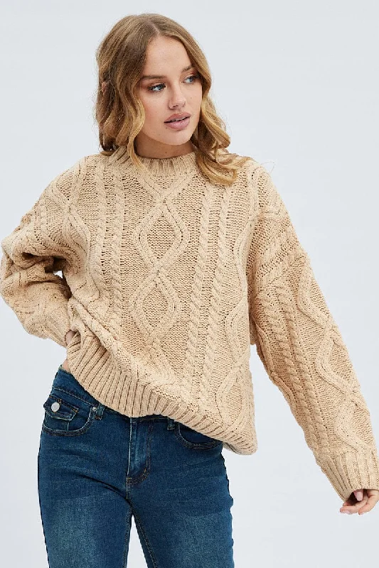 Women's Silk Blend SweatersCamel Oversized Knit Long Sleeve Cable