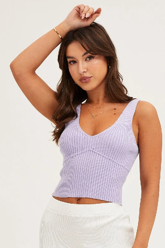 Women's Rounded Hem SweatersPurple Knit Top Sleeveless Crop V-Neck