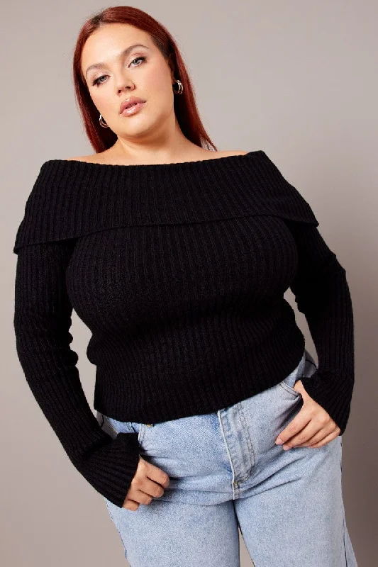 Women's Lapel Collar SweatersBlack Off Shoulder Knit Top Long Sleeve