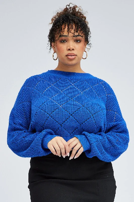 Women's Low Collar SweatersBlue Knit Crop Jumper Long Sleeve