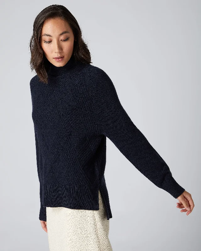 Women's Slovak Wool SweatersWomen's Rib Detail Roll Neck Cashmere Jumper Navy Blue