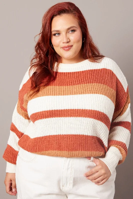 Women's Fisherman's SweatersBrown Stripe Stripe Knit Jumper Long Sleeve Round Neck