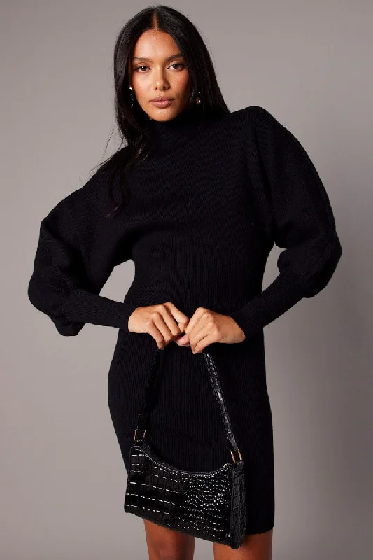 Women's Loose Fit SweatersBlack Knit Dress Long Sleeve Mini