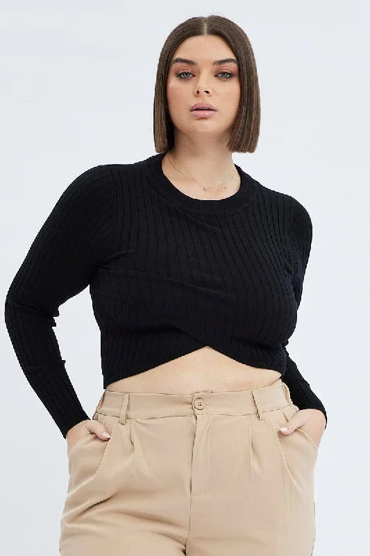 Women's Mandarin Collar SweatersBlack Knit Top Long Sleeve Crop