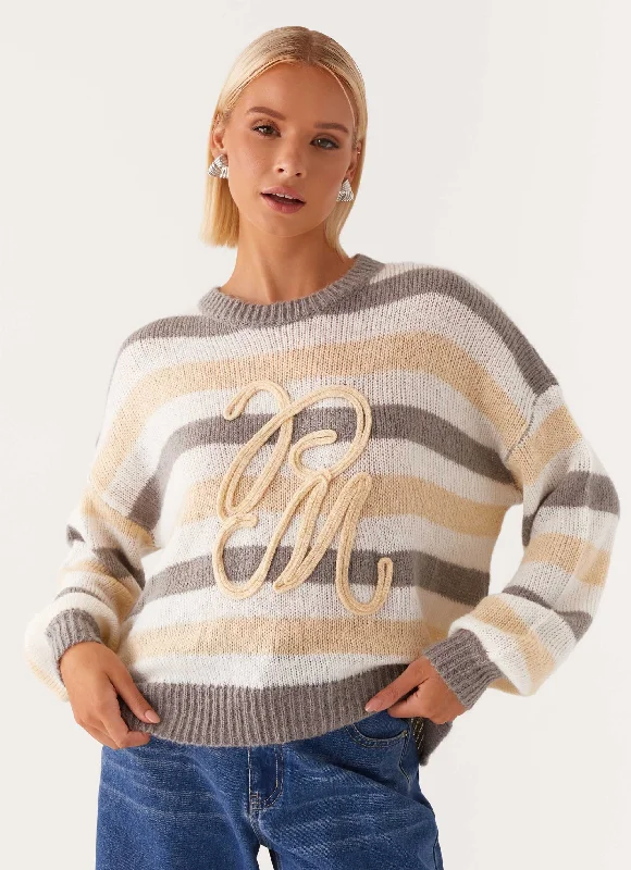 Women's V-Shaped Collar SweatersMain Character Oversized Knit Sweater - Stripe