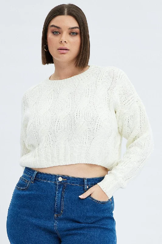 Women's Peter Pan Collar SweatersWhite Cable Knit Jumper Long Sleeve