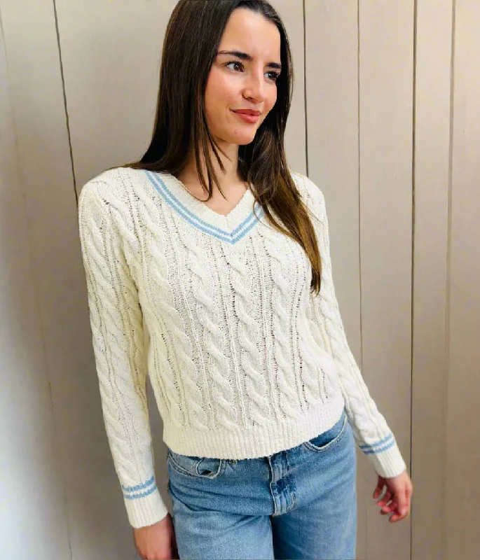 Women's Three-Quarter Sleeve SweatersBlue & Ivory Cricket Jumper