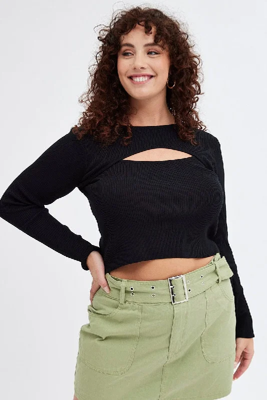 Women's High Collar SweatersBlack Knit Top Cut Out Long Sleeve