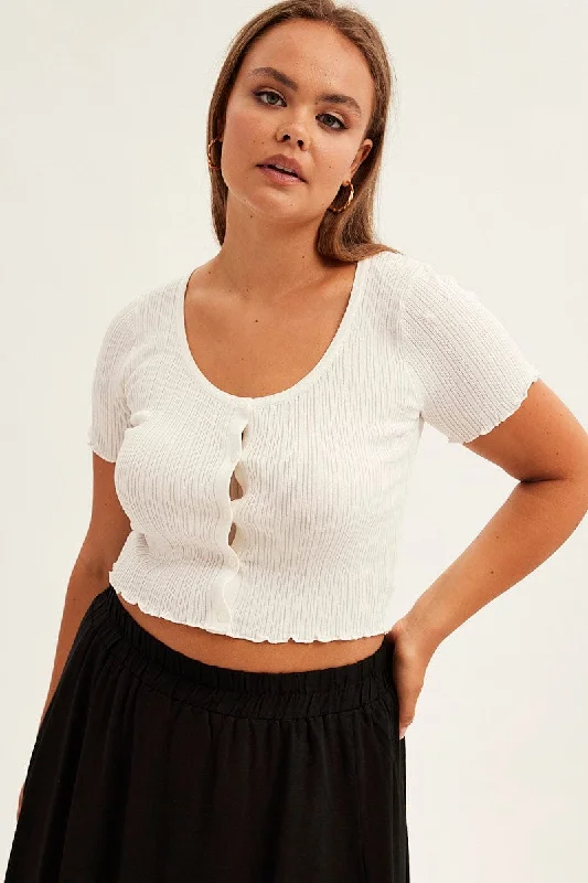 Women's Keyhole Collar SweatersWhite Crop Knit Top Scoop Neck Short Sleeve