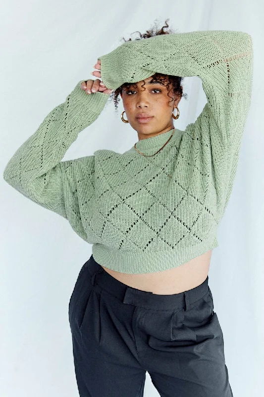 Women's Turkish Wool SweatersGreen Knit Crop Jumper Long Sleeve