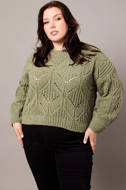 Women's Graphic SweatersGreen Knit Jumper Long Sleeve Crew Neck Chenille