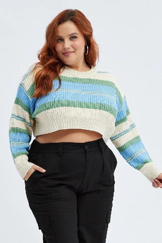 Women's Rounded Collar SweatersBlue Stripe Knit Jumper Long Sleeve Crop