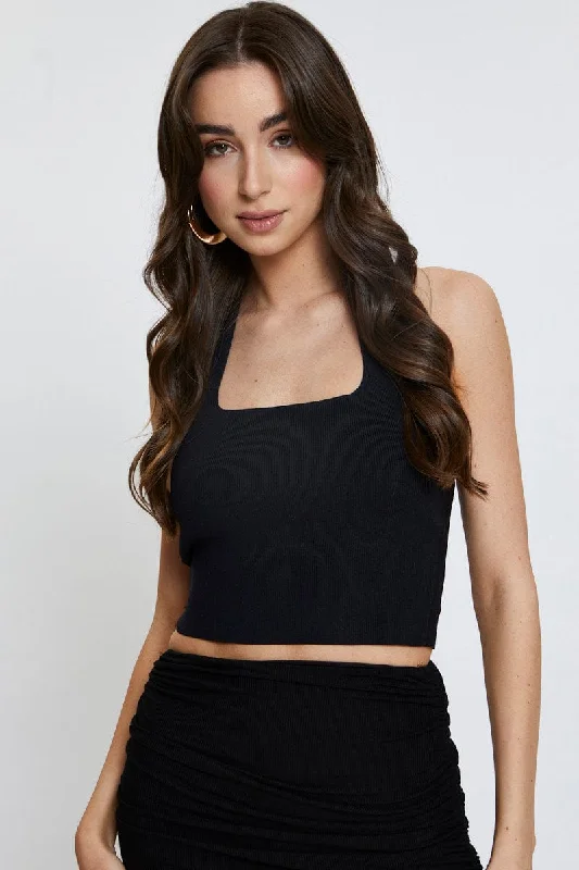 Women's Sleeveless SweatersBlack Knit Top Sleeveless Crop Halter