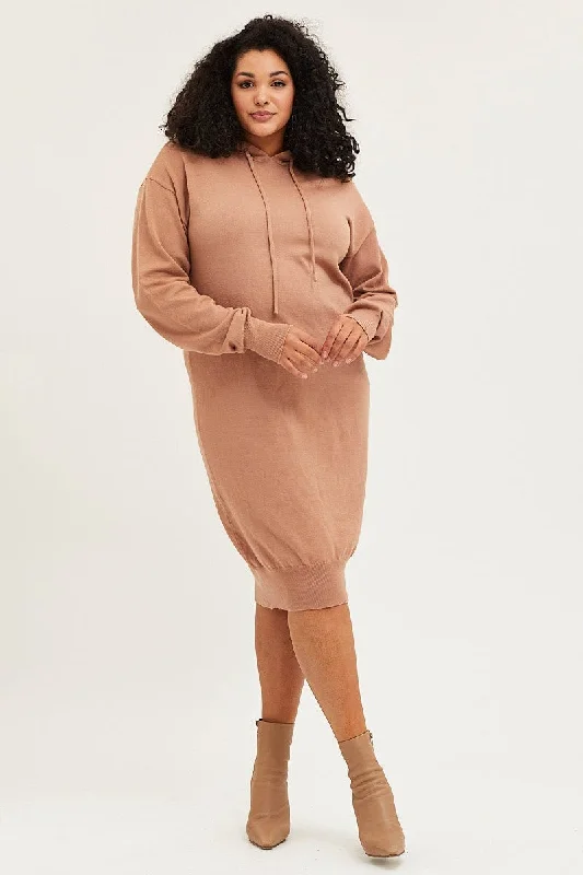 Women's Low Collar SweatersBrown Plus Long Sleeve Hoodie Knit Dress