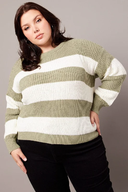 Women's Crop SweatersGreen Stripe Knit Jumper Long Sleeve Crew Neck