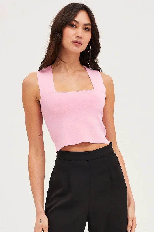 Women's Peter Pan Collar SweatersPink Knit Top Sleeveless Crop Square Neck