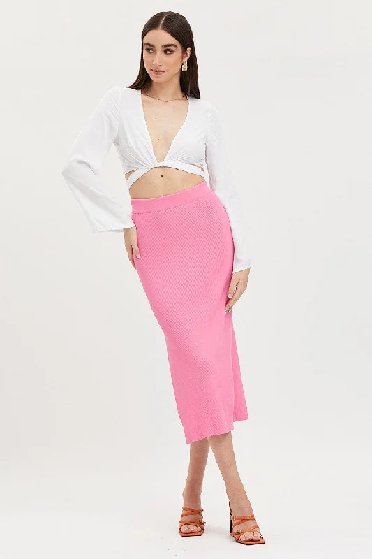 Women's Notched Collar SweatersPink Knit Skirt Midi Side Split