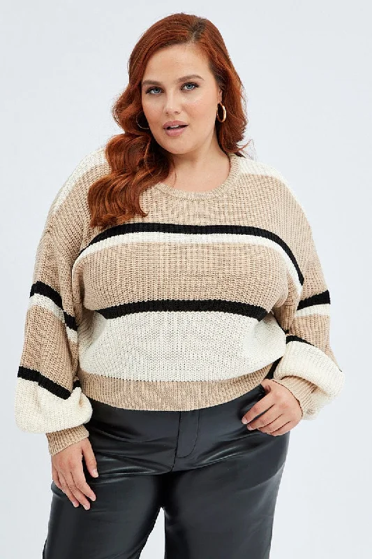 Women's V-Shaped Collar SweatersBeige Stripe Knit Jumper Round Neck Long Sleeve